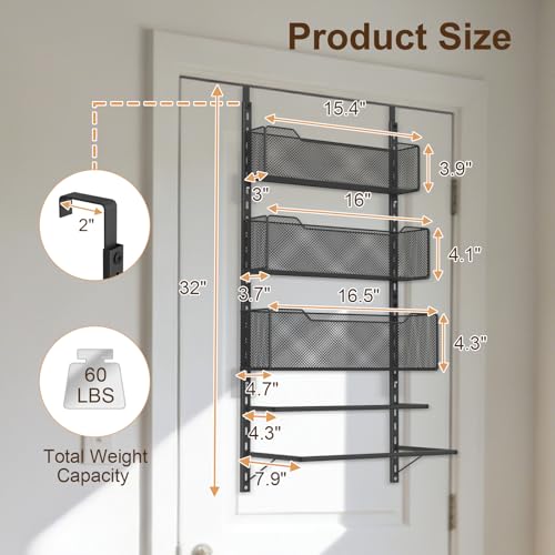 VyGrow Over the Door Storage Organizer with 3 Tier Mesh Baskets 2 Hanging Rods, 2 Mounting Options, Heavy Duty Clothes Hanger & Towel Rack for Bathroom Bedroom Office, Black - color: Black
