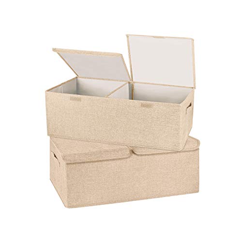 2 Pack Storage Boxes with Lids and Handles, Collapsible Linen Storage Bins Organizer Containers Baskets Cube with Removable Divider for Home Bedroom Closet Office (Khaki, Small) - color: Khaki, size: Small