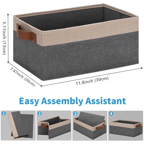 GhvyenntteS Small Fabric Storage Bins 6 Pack, 11.8" x 7.87" x 5.11" Storage Basket with Leather Handles, Closet Storage Bins for Shelves, Storage Baskets for Shelves, DVD Storage (Grey/Beige Yellow) - color: Grey&Beige Yellow, size: Small-11.8"x 7.87"x 5.