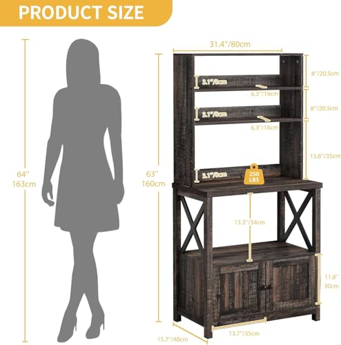 DWVO Baker Rack with Power Outlet and Storage, Farmhouse Microwave Stand with Door for Kitchen, 5-Tiers Tall Coffee Bar Station Cabinet Thickened Counter with Hutch Shelves, Black Oak - color: Black Oak, size: 31.5''W
