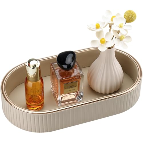 GORESE PU Leather Perfume Tray Nightstand Organizer, Small Oval Desk Tray Jewelry Trinket Trays Valet Organizer Key Bowl for Entryway Dresser Bathroom, Catchall Trays for Men Women, 11×5.9 in, Beige - color: Beige