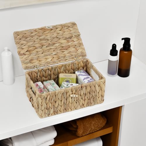 Small Wicker Basket with Lid, Natural Water Hyacinth Storage Baskets for Organizing, Rectangular Woven Basket for Storage, Decorative Boxes Bins with Lids and Built-in Handles (10.2" x 6.3" x 3.9") - size: 10.2" x 6.3" x 4"