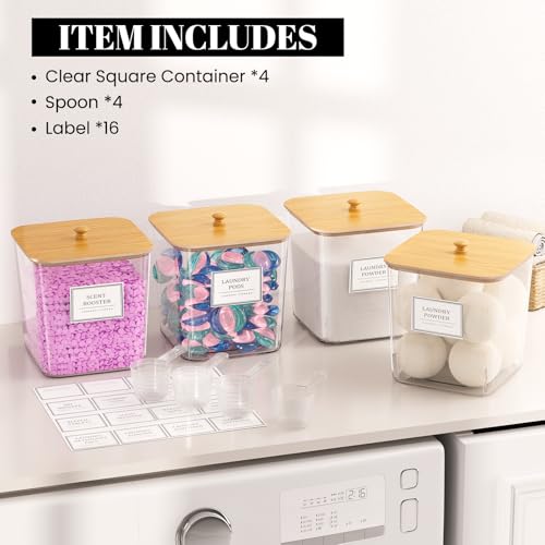 4 Pack Clear Laundry Pod Container, Laundry Room Organization Containers with Wooden Lids & Labels - Large Detergent Powder Storage for Room Organization, Scent Booster Holder - style: 4 Pack
