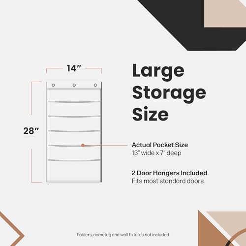 Hippo Creation Heavy Duty Storage Pocket Chart for Classroom, 5 Pocket Storage Organizer with 2 Over-Door Hangers, Hanging Wall Organizer for File Folders, School Mailbox, Home Office Papers - Black - color: Black - (5 Pockets)