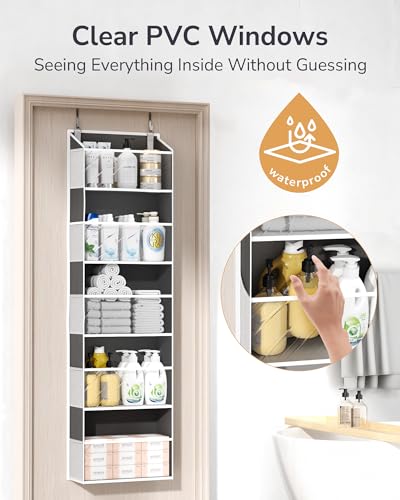ULG 1-Pack Over Door Organizer with 5 Large Pockets 10 Mesh Side Pockets, 44 lbs Weight Capacity Hanging Storage Organizer with Clear Window for Bedroom Bathroom, RV, Clear Dark Grey - color: Clear Dark Grey, size: 1 Pack-5 Tier