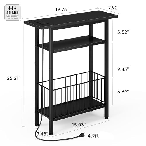 Vagusicc Narrow Side Table with Charging Station, 3-Tier Skinny Side End Table for Couch, Small End Tables for Small Spaces, 25.2" Tall Slim Nightstand Bedside Table for Living Room, Bedroom, Black - color: Black, style: With Plug