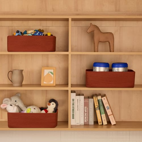 MiniArk Large Shallow Organizing Baskets 15x11x5.1 Inches - Rope Woven Storage Bins for Bathroom, Shelves, Cube Closet, Red 3 Packs - color: Oxide Red, size: 3pcs-L15×W11×H5.1"