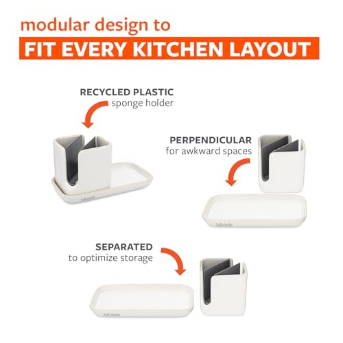 Full Circle Stash, Ceramic Kitchen Sink Caddy, Stylish Sponge Holder & Dish Brush Organizer, Easy to Clean, Dishwasher Safe, Rustproof, White and Gray, 11" - color: White/Gray