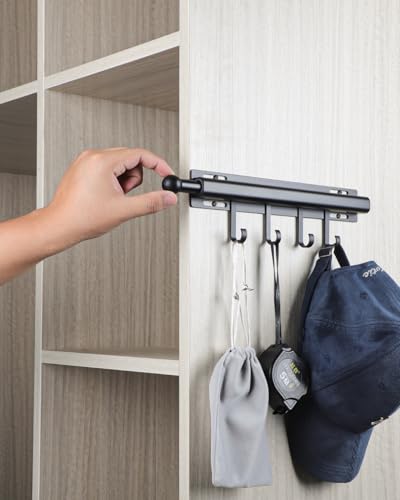 BaiNong 12 inch Valet Rod for Closets Pull Out Closet Valet Rod Slide Out Black Pull Out Clothes Hanger With 4 Hooks - color: Black, size: 12 Inch