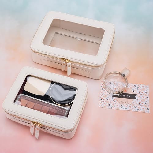 Aveniee Clear Makeup Bag Organizer Set,Portable Travel Toiletry Case for Women, Vegan Leather Cosmetic Pouch Car Bag for Essentials 2pcs,Middle & Large,Beige - color: Off-White, style: Double Style