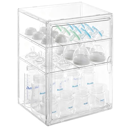 ERTIUANIO Baby Bottle Organizer – 3 Tier Acrylic Bottle Storage Organizer container, Clear Plastic Bottle Station Organizers Drawers for Countertop Kitchen Cabinet Vanity, Bathroom, Gifts for New Mom - size: Large, style: 3-Tier Single-Door