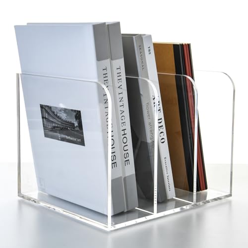 3 Vertical Compartments Clear Acrylic Magazine & File Holder – Multipurpose Desk Organizer for Documents, Tablets, Magazines, Books – Office/Home/Classroom Rack - size: B5, 3 Sections