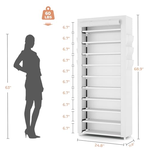 VTRIN Vertical Narrow Shoe Rack Organizer Tall Shoe Rack for Closet Entryway 10 Tier Non-Woven Cover Shoe Shelf Holds 36-41 Pairs Free Standing Shoe Storage Cabinet with Dustproof Cover, White - color: White, size: 24.8"W x11.8"D x 68.9"H