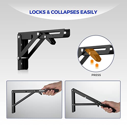 Ravinte 2 Pack 10 Inch Folding Shelf Brackets – Matte Black, Heavy Duty Collapsible Brackets for Tables and Benches – Space-Saving Design - size: 10 Inch