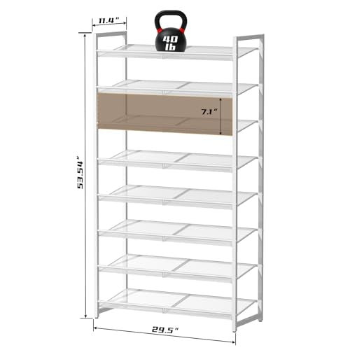 8-Tier Shoe Organizer, Tall Metal Shoe Rack for Closet Entryway Garage, Large Capacity Shoe Storage with Adjustable Flat, Holds 32-40 Pairs, White - color: White, size: 8Tier