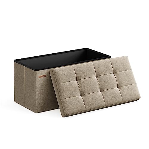 SONGMICS Mazie Collection - 30 Inches Folding Storage Ottoman Bench, Ottoman Foot Rest, End of Bed Bench, Storage Chest, Load 660 lb, for Living Room, Bedroom, Entryway, Camel Brown ULSF047R01 - color: Camel Brown, size: 15"D x 30"W x 15"H