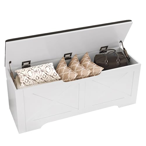 DreamDashio Farmhouse Storage Bench with Lift Top Storage, 39.4" Entryway Bench with Cushioned Seat, End of Bed Bench, Wooden Storage Chest Trunks, for Bedroom, Living Room, Entryway, White