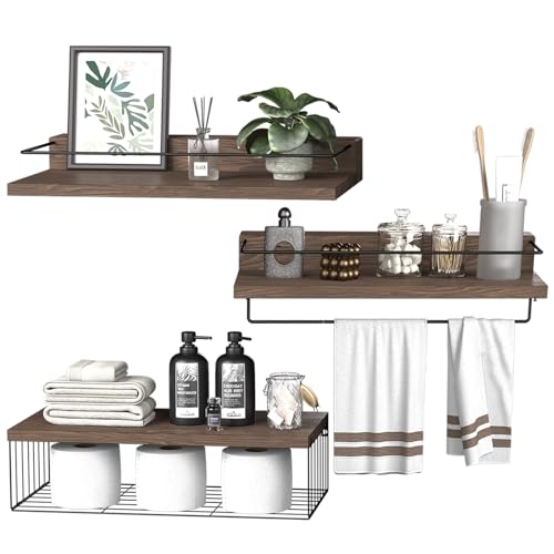 PopiShelves 22.5 inches Bathroom Shelves Over Toilet for Wall, Floating Shelves with Storage Basket Paper Holer for Kitchen Living Room, Bedroom & Classroom, Set of 3 (Dark Brown) - color: Dark Brown, size: 22.5"