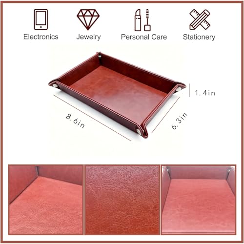 Leather Valet Tray Organizer, Catchall Tray, Desktop Storage for Keys, Coins, Wallet, Phone, Jewelry | Multi-Use Entryway Table, Desk & Nightstand Storage for Men & Women (Maroon) - color: Maroon