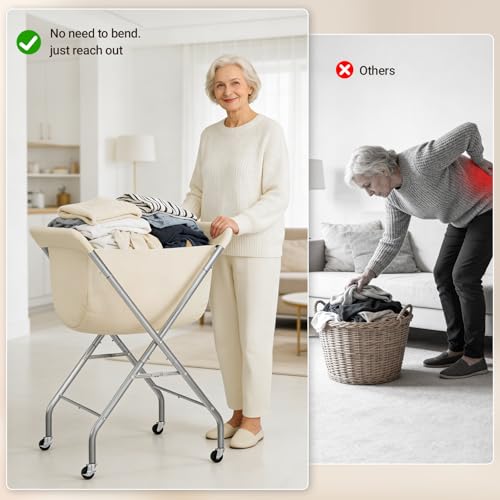 ELYKEN Laundry Cart with Wheels, 33”H Easy Rolling Laundry Hamper with Removable Liner Bag, Sturdy Metal Frame Clothes Basket with 4 Casters and 2 Brakes - color: Creamy, size: 25.6"L x 22"W x 33"H