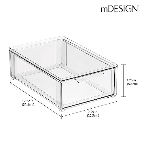 mDesign Plastic Stackable Bathroom Storage Organizer Bin Containers with Front Pull Drawer for Bathroom Countertop, Vanity, Closet Shelves - Holder for Beauty Accessories - Lumiere Collection - Clear - size: 8 x 12 x 4 (Pack of 1)