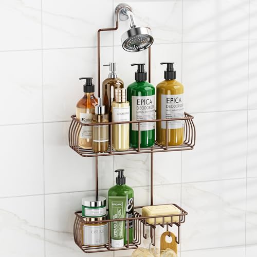 Epicano Shower Caddy Hanging, Anti-Swing Over Head Shower Caddy Rustproof with hooks for Towels, Sponge and more, Bronze - color: Bronze