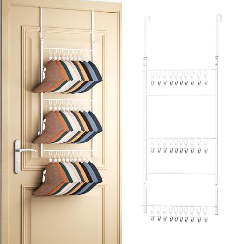 HapiRm Over Door Hat Rack - 3 Tier Wall Mounted Hat Organizer with 30 Movable Clips, Baseball Cap Organizer Storage Holds up to 30 Caps for Door, Bedroom, Closet - color: Clips White, size: 3 Tier