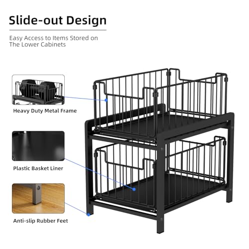 2 Tier Sliding Basket Drawer Organizer, Lxmons Pull Out Under Sink Cabinets Organizers, Metal Home Shelf for Bathroom or Kitchen, Sliding Countertop or Pantry Storage Shelf, Large Black - color: Black