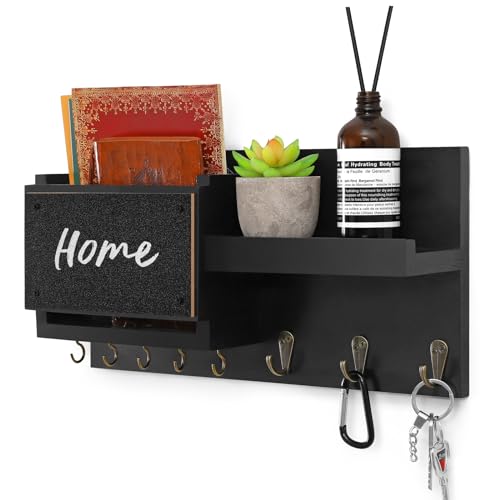 Decorative Key Hanging Rack with 8 Hooks – Easy Install Natural Wooden Key and Mail Holder for Wall Mount – Sunglasses Wallet Holder Entryway Decor with Shelf and Chalkboard (Coal Black) - color: Coal Black