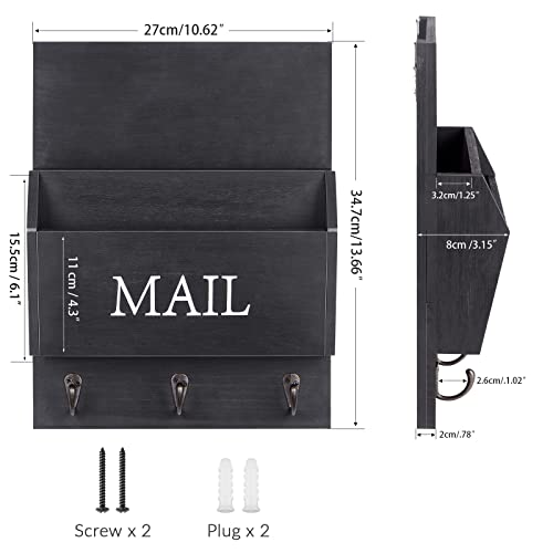 DLQuarts Mail Organizer with Key Holder for Wall, Mail Sorter Wall Mounted, Decorative Wooden Key and Mail Holder with 3 Hooks, Black - color: Black
