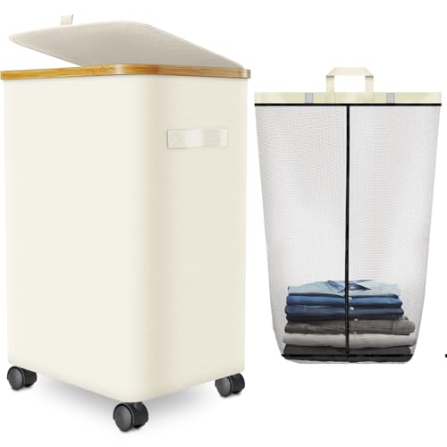 Laundry Hamper with Wheels,20 Gal (75L) Laundry Basket with lid Rolling Clothes Hamper Foldable Dirty Clothes Basket on wheels with Bamboo Frame and Bag for Bedroom, Dorm, Laundry Room-Off White - color: off White, size: 75 L