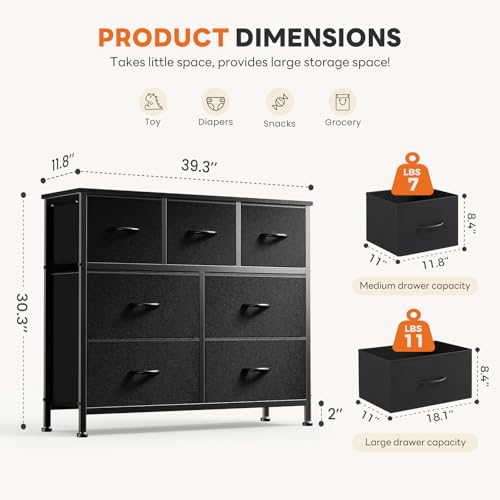 Sweetcrispy 7 Drawer Dresser with Fabric Bins Fabric Storage Tower Organizer for Bedroom Closet Hallway Entryway Tall Chest of Drawers with Steel Frame Wood Top Easy Pull Handles,Black - color: Black, size: 11.8"D x 39.3"W x 30.3"H (7 Drawers)