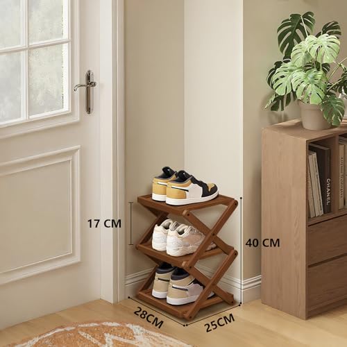 YYW Shoe Rack, Foldable Bamboo Shoes Shelf, Freestanding Shoe Storage Organiser for Entryway, Bedroom, Closet, Hallway - Functional, Natural Shoe Rack (Brown, 3 Layers) - color: Brown, size: 3 layers