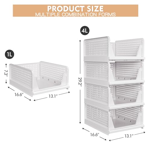 4 Pack Stackable Closet Storage Basket - Stackable Storage Bins, Multifunctional & Foldable Closet Organizer Divided, Wardrobe Cupboard Space-Saving Clothes Storage Hat Organizer, White - size: 4 Pack White