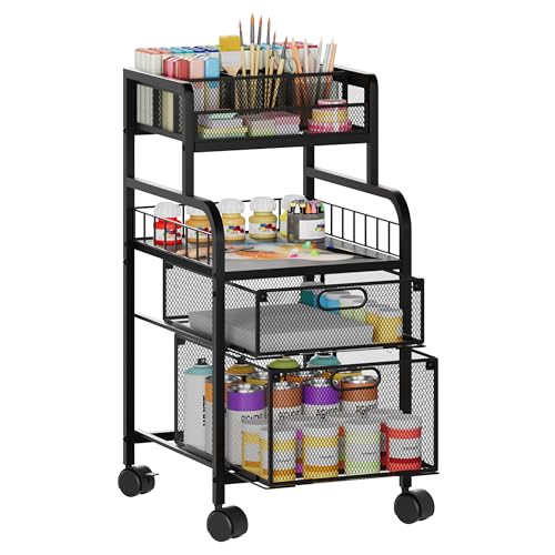 SWTYMIKI Rolling Cart with Drawers - Metal Utility Cart with Wood Shelf, DIY Divider and Locking Wheels, Craft & Art Cart Organizer for Under Desk Storage for Home Office Studio, Black - color: 4 Tiers-Black, size: 4 Tiers
