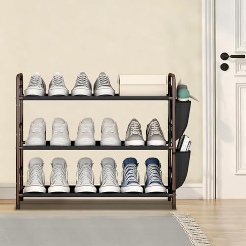 3 Tier Shoe Rack with Side Pockets, Shoe Organizer Space Saver Storage for 7-9 Pairs Shoes Storage Shelf Sturdy Free Standing Metal Long Shoe Holder Organizer for Closet, Entryway Bronze - color: Bronze, size: 3 Tier