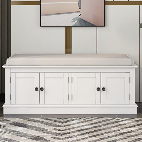 P PURLOVE Farmhouse Storage Bench for Entryway,Wood Storage Benches with Adjustable Shelves,Shoe Bench with Storage and Removable Cushion for Entryway,White - color: White, size: With 4 Door