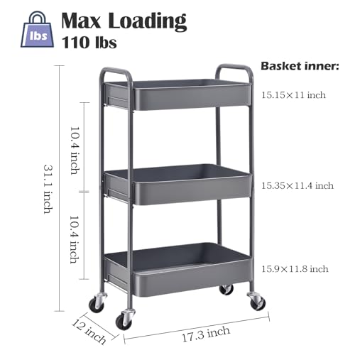 TOOLF 3-Tier Rolling Cart - Metal Utility Storage Organizer with Lockable Wheels, 33 lbs Per Shelf, Tool-Free 5-Min Assembly, for Kitchen Bathroom Office Nursery Craft Room, Grey - color: Grey, size: 3-Tier