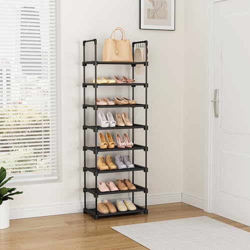 LANTEFUL Tall Shoe Rack 8 Tiers, 16-20 Pairs Shoe and Boots Organizer Storage Sturdy Shoe Shelf, Narrow Vertical Shoe Rack for Entryway, Closet, Metal Shoe Organizer with 5 Hooks - color: Black, size: 8 Tier-54.4" High-17" Wide