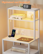 Furnulem Night Stand, Tall White Nightstand with 4-Tier Shelves, 2 PU Fabric Drawers and Led Lights, Bed Side Tables with Charging Station, Bedside Table for Bedroom - color: White, size: 2 Drawer