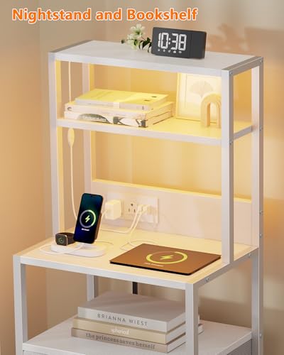 Furnulem Night Stand, Tall White Nightstand with 4-Tier Shelves, 2 PU Fabric Drawers and Led Lights, Bed Side Tables with Charging Station, Bedside Table for Bedroom - color: White, size: 2 Drawer
