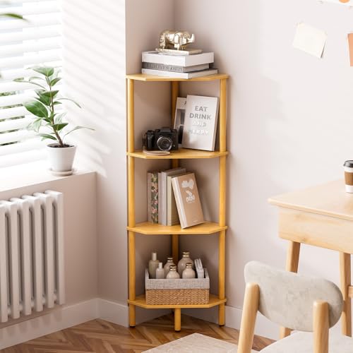 Corner Shelf Stand, 4 Tier Bamboo Corner Organizer, Narrow Tall Bookcase, Corner Shower Caddy, Plant Display Shelf, Open Storage Shelves for Living Room, Kitchen, Office, Balcony, Bathroom - size: 4 Tier