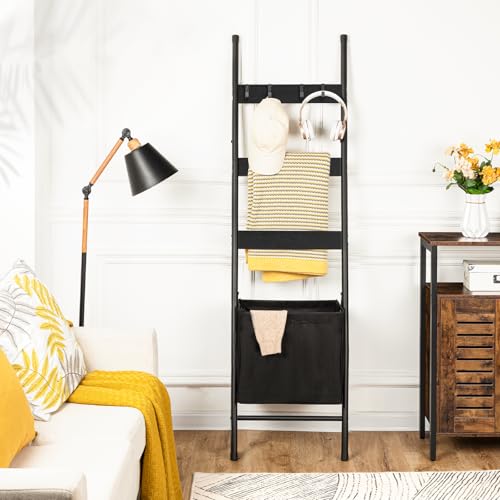 HOOBRO Blanket Ladder with Basket, 17.3”L x 63.4”H, Towel Rack with Hooks, Blanket Holder Rack, Decorative Ladder Shelf, Drying and Display Rack for Bathroom, Living Room, Black BB31CJ01 - color: Black + Black