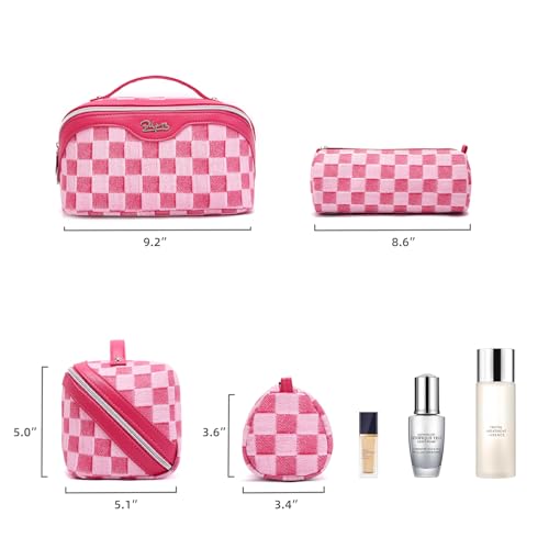 BOYATU Travel Makeup Bag for Women: Large Cosmetic Bag Set of 3 - PU Leather Make up Bag with Compartments - Compact Waterproof Toiletry Bag with Divider & Handle (D-4-Red) - color: D-4-Red
