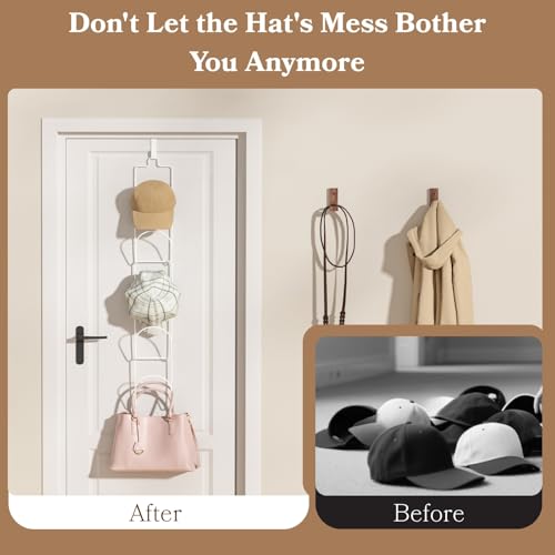 18 Pack Over The Door Hat Organizer for baseball caps | Multi-Functional Baseball Hat Rack for Closet | Wall Mounted Hat s torage organizer | 5 types of accessories cap holder stand w hooks ,White - color: 18pcs White, size: Trapezoidal Ring