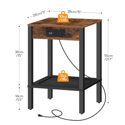 HOOBRO Side Table with Charging Station and Wire Cube Storage Organizer, Set of 2 End Table, 6-Cube Shelves, Modular Shelves with Metal Grid, DIY Closet Cabinet, BF91UBZP201-BF06CW01