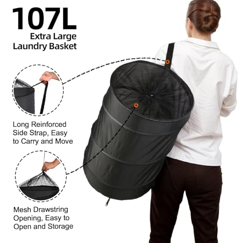BATTOO Extra Large 107L Strong Laundry Hamper 17.5" x 27" Collapsible Laundry Baskets with Long Straps Drawstring Barrel Foldable Hamper for Laundry Room, Bathroom, Campout, College Dorm or Travel - color: Black, size: 17.5"x27"