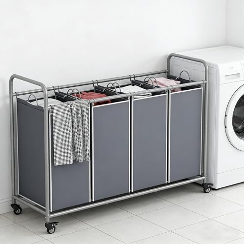 Laundry Basket, 4-Bag Laundry Hamper, Grey Laundry Sorter with Heavy Duty Lockable Rolling Wheels, Laundry Room Organization with Removable Bags Basket Separator for Dirty Clothes Storage - size: 4 Bags Grey