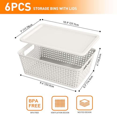 Plastic Storage Baskets With Lid, Storage Bins for Organizing, Stackable Decorative Containers for Shelves Drawers Desktop Closet Playroom Classroom Office, 6 Pack- White - color: White, size: 6 Pack
