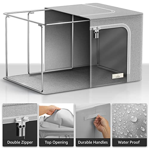 Sorbus Storage Bins with Metal Frame - Stackable & Foldable Clothes Organizer Bags - Oxford Fabric Storage Containers with Large Clear Window & Carry Handles Organization for Bedding Linen & Clothing - color: Gray, size: 4 Pack